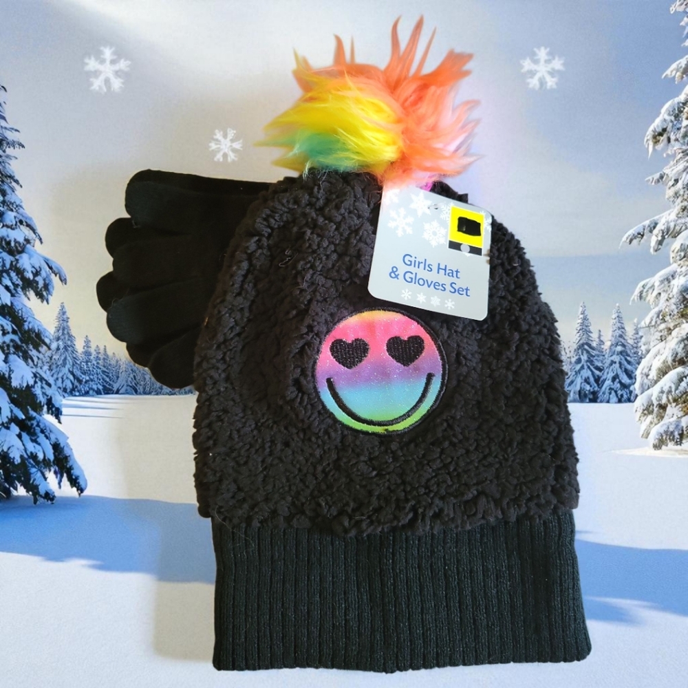 NWT Girl's Black Fleece Heart Emoji Hat Beanie & Gloves Cloud Pom Pom Knit Lined